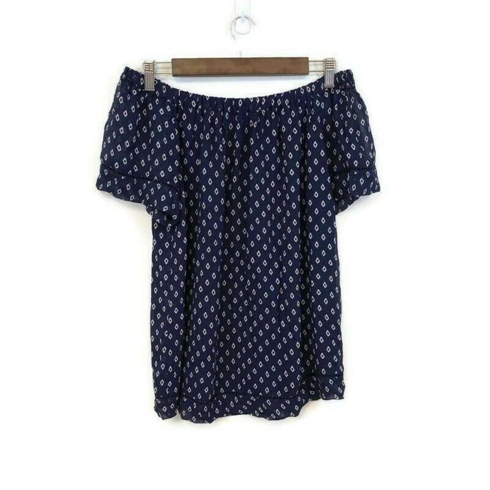 Lucky Brand Womens Navy Blue Diamond Boho Patterned Blouse Size S Off Shoulder